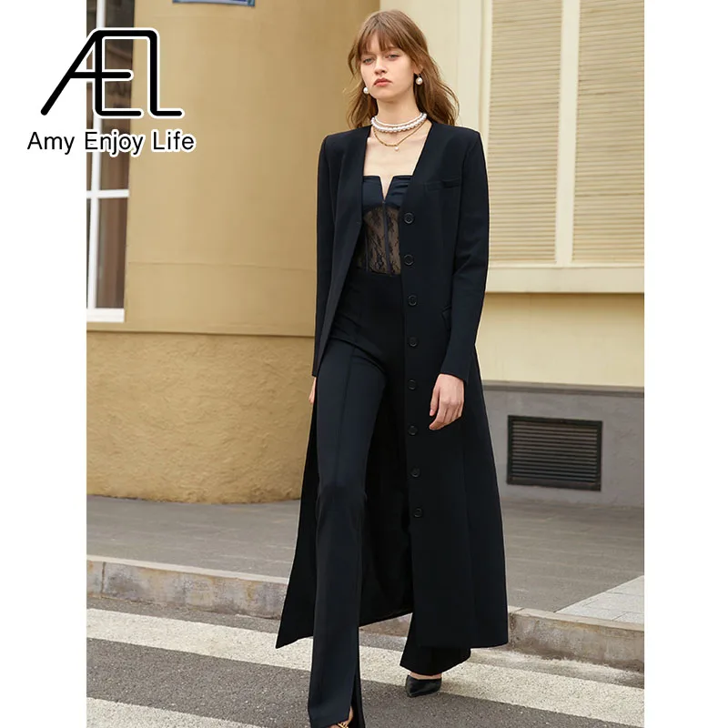 AEL Женский Тренч с v-образным вырезом черный тонкий длинный ветровка 2022 Весенняя