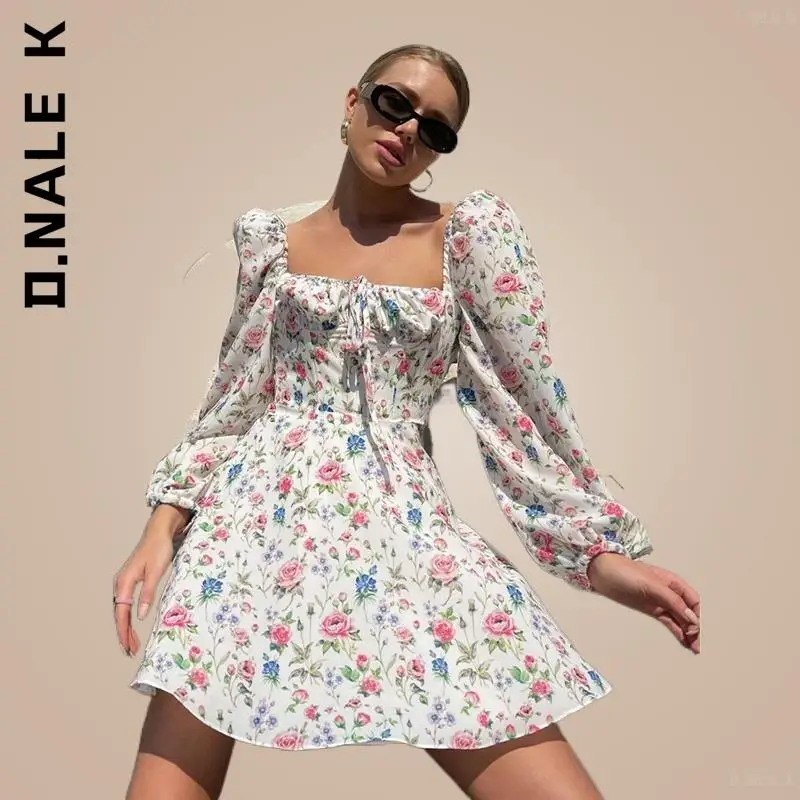 

D.Nale K Long Sleeve Ruched Floral Dress Women Lantern Print A Line Square Neck Tie up Mini Vestidos Sexy Chic Beach Dress