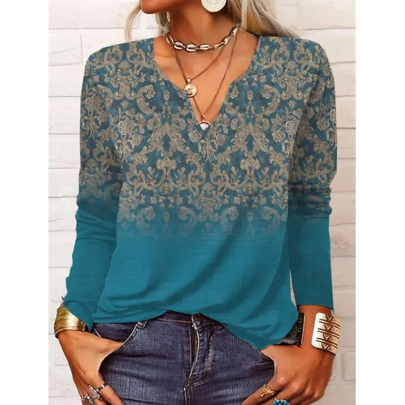 Повседневные свободные винтажные топы с v-образным вырезом и принтом женская