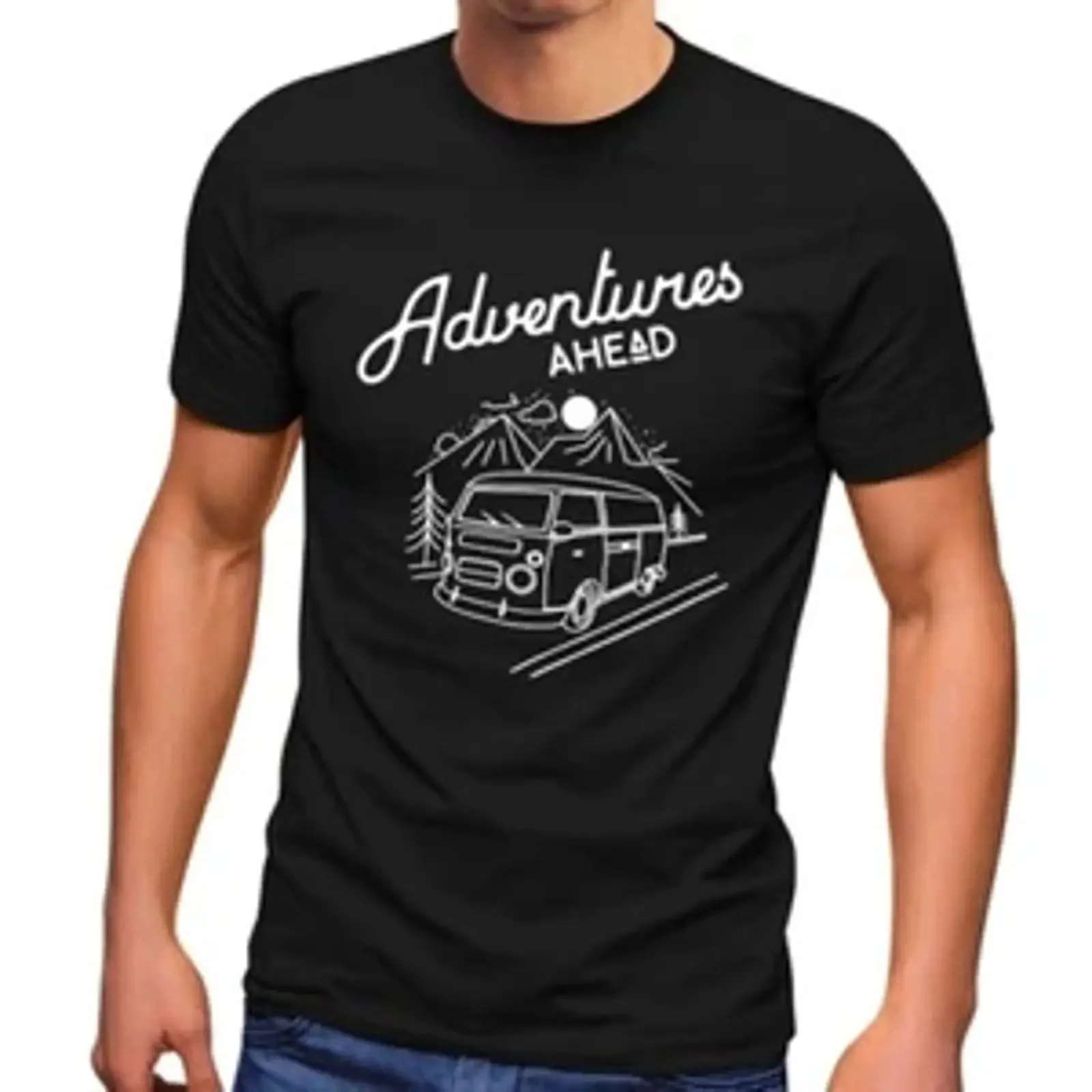 Фото Мужская футболка Bus Retro Adventures Ahead Moonworks, винтажная, с графическим принтом, унисекс, универсальная, стильная, для повседневной носки. №1