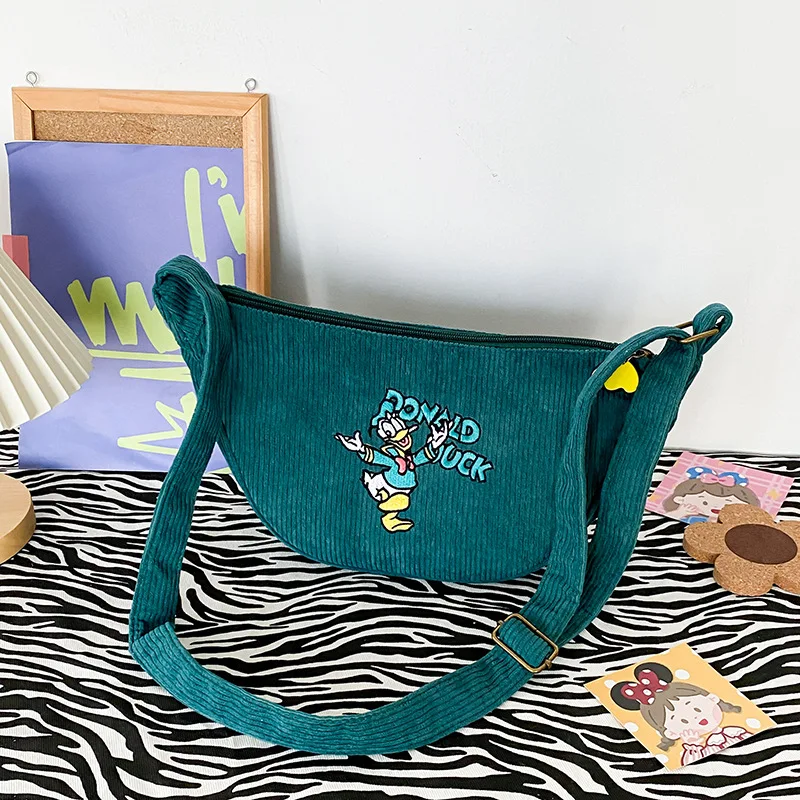 Disney Bag Ladies Can Love CartonMickey Donald Duck Embroidery Bag Girls Retro Corduroy Crossbody Fashion Underarm Bag