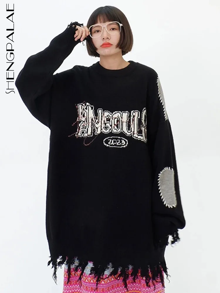 

SHENGPALAE Tassel Design Sweater For Women Autumn 2023 New Letter Printed Patchwork Loose Versatile Knitting Pullover Top 5R7576