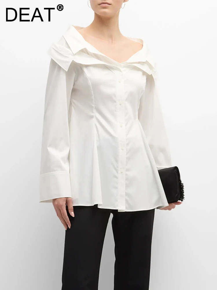 

DEAT Fashion Women's Shirt Slash Neck Double Collar Long Sleeves Single Breated White Slim Blouse Autumn 2023 New Tide 7AB490