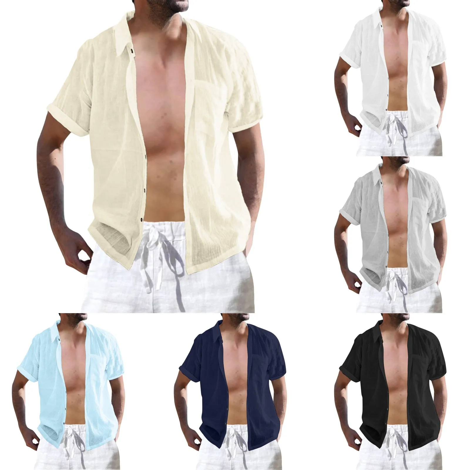 

Men Spring And Summer Solid Color Top Shirt Casual Cotton Linen Stand Collar Top Plus Size Vacation Short Sleeve Neck Sleeve