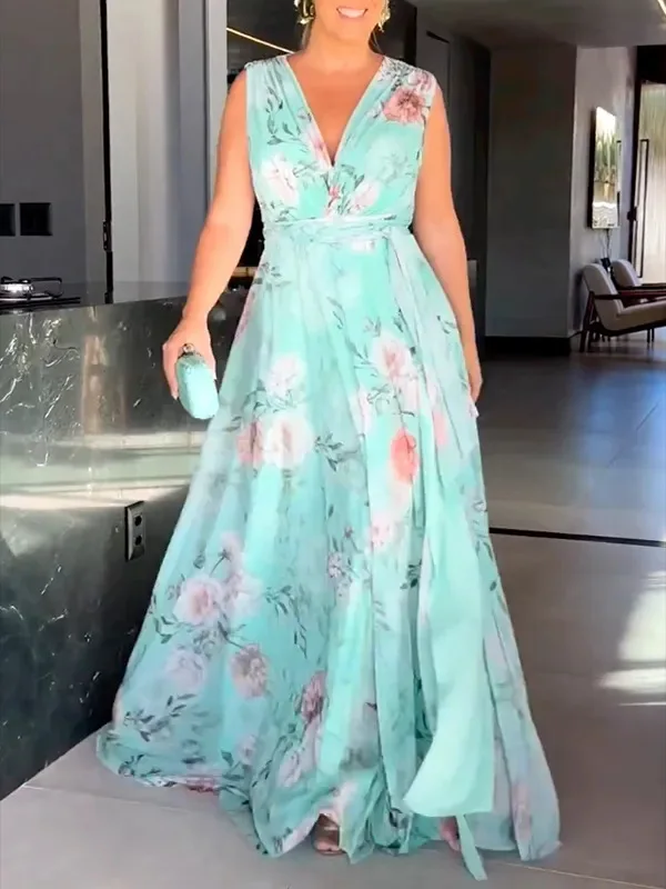 

Women's New Summer Off Shoulder Backless Printed Chiffon Dress Beach Sexy High Waisted V-Neck Sleeveless Waistband Long Skirt