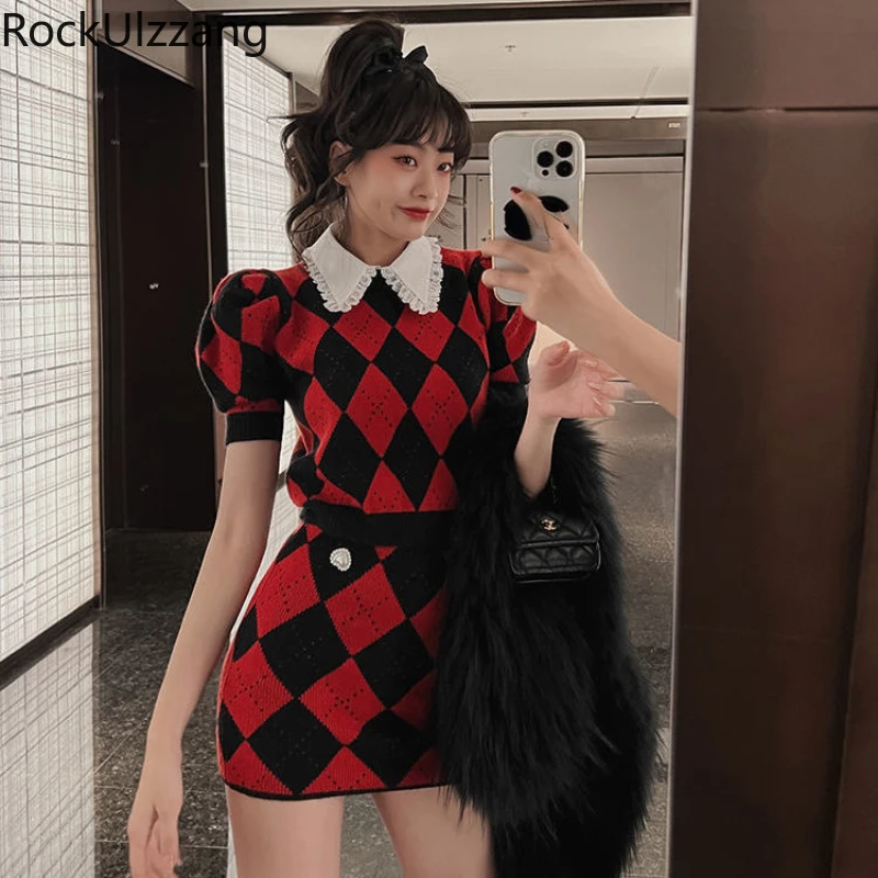 

Two Piece Set Crop Top and Skirt Suit Women Summer Cute Knit Plaid arygle Striped Sweater T Shirt Mini Skirts Korean Clothes y2k