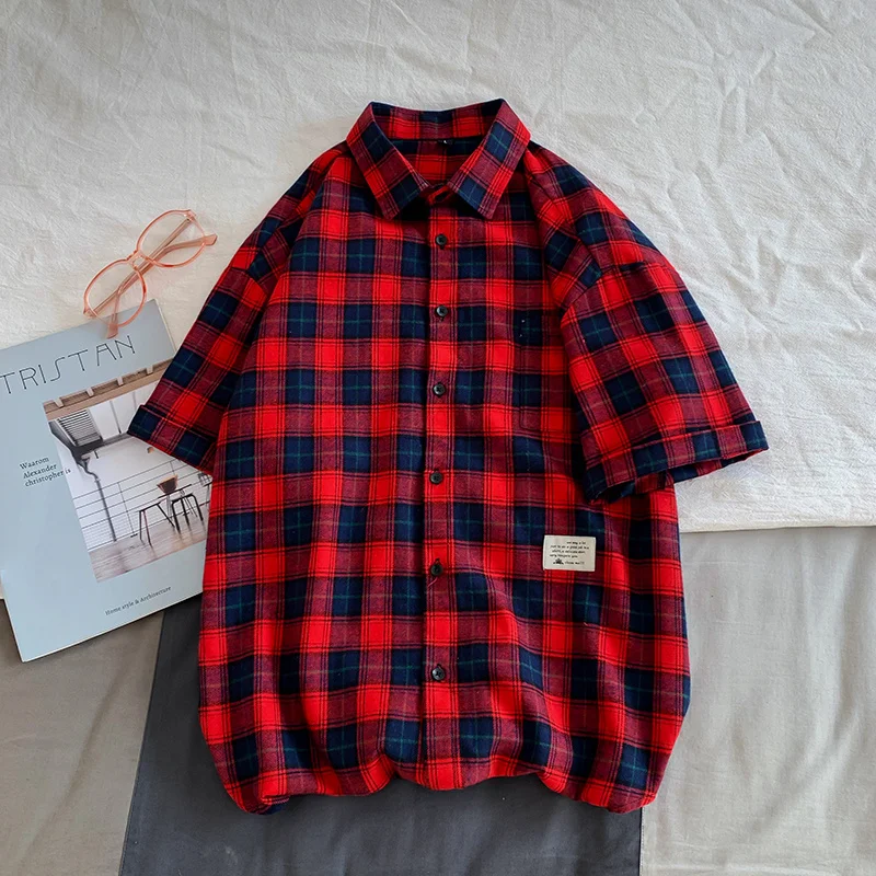 Mens Plaid Shirts Harajuku 2022 Summer Vintage Button Up Short Sleeve Shirts Male Korean Fashions Trend All-match Blouses