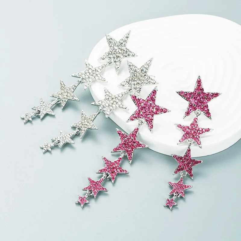 

Long Stars Fuchsia White Crystals Dangle Drop Earrings for Women Bridal Bling Rhinestone Statement Star Earring Jewelry