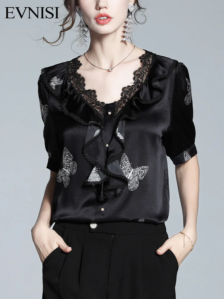 

EVNISI Black Silk Blouse For Women Summer Short Sleeve Shirt Satin Fashion Elegant French Ruffle Butterfly Printed Tops New