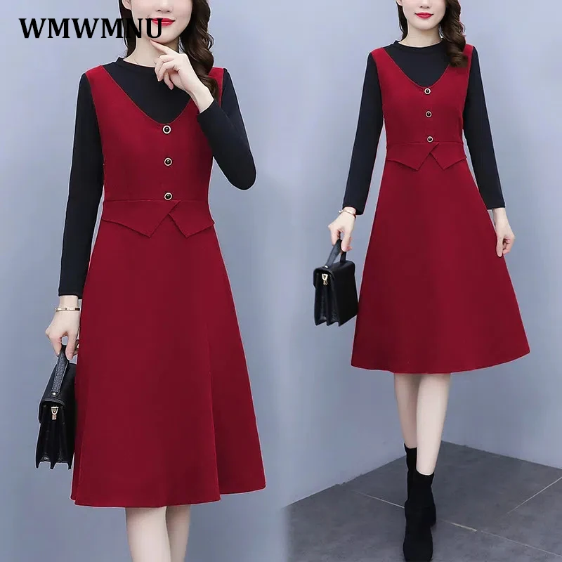 

Fake Two Piece Patchwork Long Sleeve Dress Women Office Lady Casual Spliced A-Line Dresses Elegant Knee Length Vestidos De Mujer