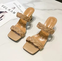 large size 42 size rome woven sandals square toe open toe high heels womens summer outer wear fairy sandals slippers shoes