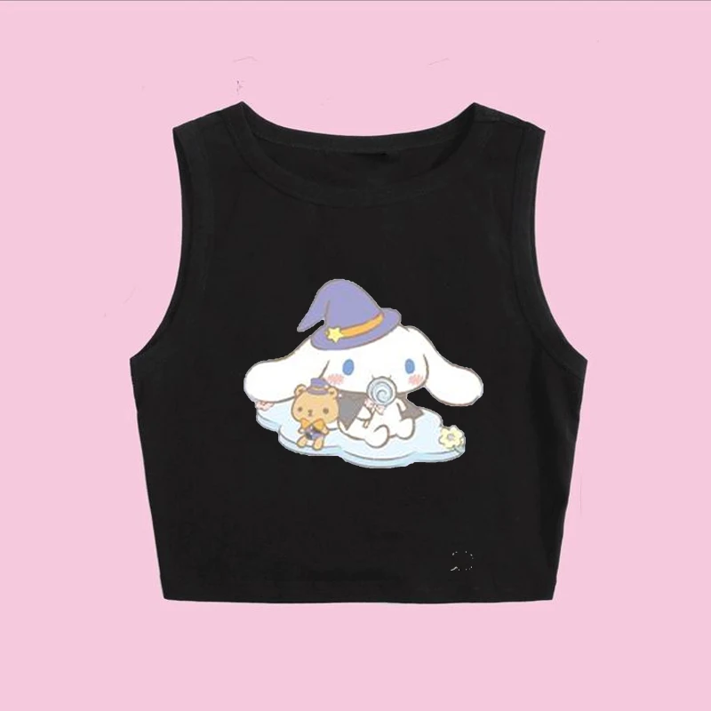 Sanrio Cinnamoroll Kawaii Cartoon Print Crop Y2K Slim Fit Versatile Fashion Summer Clothes
