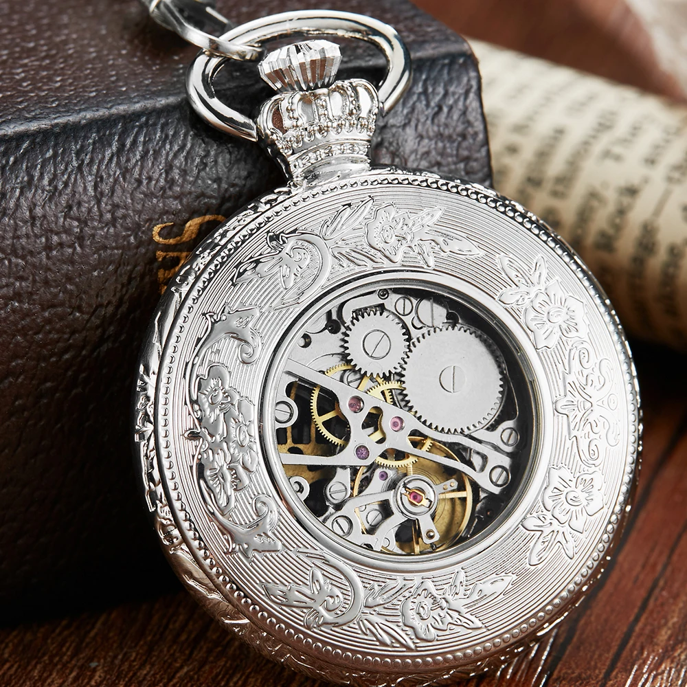 Vintage Mechanical Pocket Watch Men Skeleton Steampunk FOB Chain Smooth Roman Numeral Clock HandWind Watches Women reloj hombre