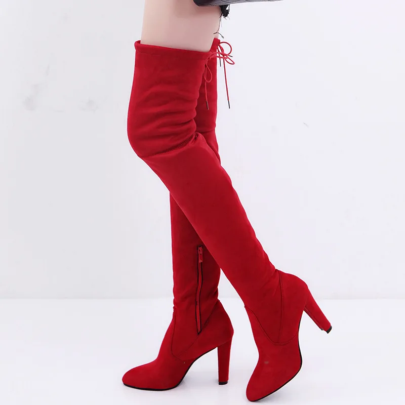 

Thigh High Boots Sexy Party Boots Fashion Suede Leather Shoes Women Over The Knee Heels Boots Stretch Flock Winter High Botas