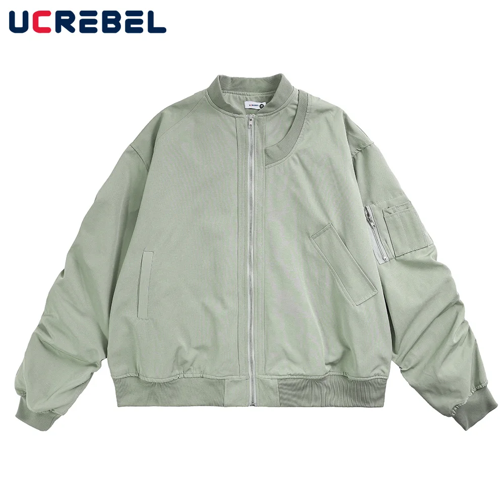 

Однотонная повседневная мужская куртка, уличная одежда, свободная повседневная плиссированная верхняя одежда на молнии с рукавами, Осень-з...