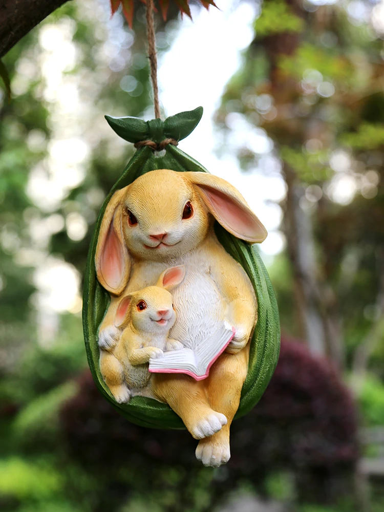 Read Book Cartoon Mother And Child Rabbit Resin Pendant Statue Landscape Garden Sculpture Crafts Courtyard Lawn Figurines Decor