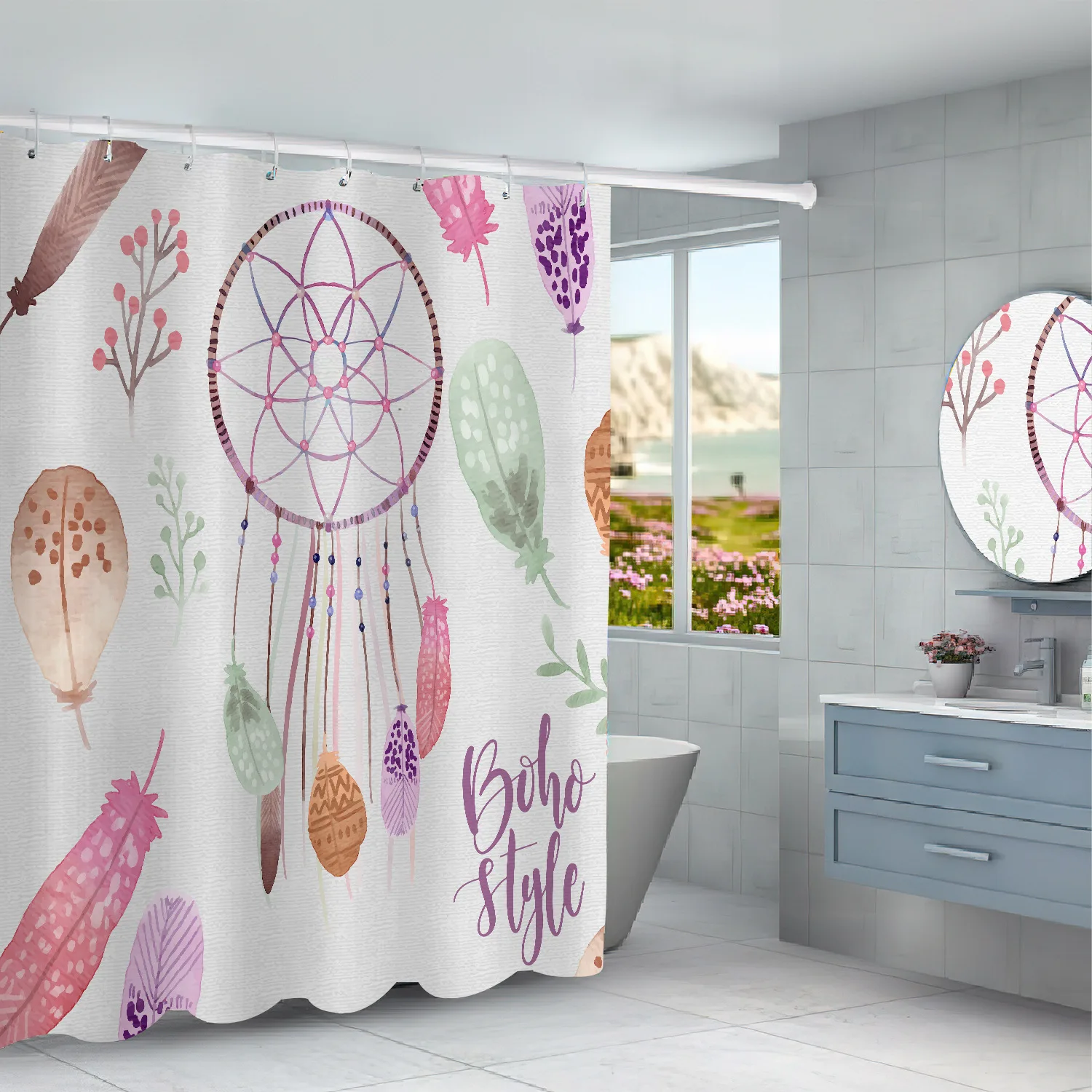 

Modern Nordic style, simple, painted, feather pattern, shower curtain, waterproof, bathroom layout, home decoration