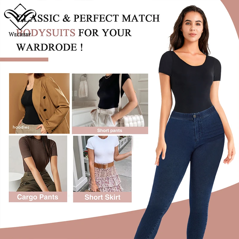 Black Skinny Bodysuit Short Sleeve Women Body Streetwear Sexy Bodycon Shapewear Top Stretch Waist Shaper