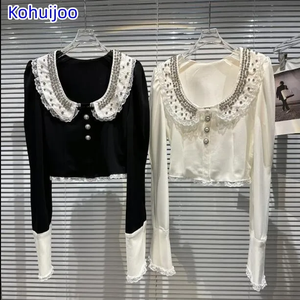 Kohuijoo Spring 2023 Women Blouses Long Sleeve Contrast Color Beading Flare Sleeve Blouse Fashion Tops Ladies Shirt  Diamond