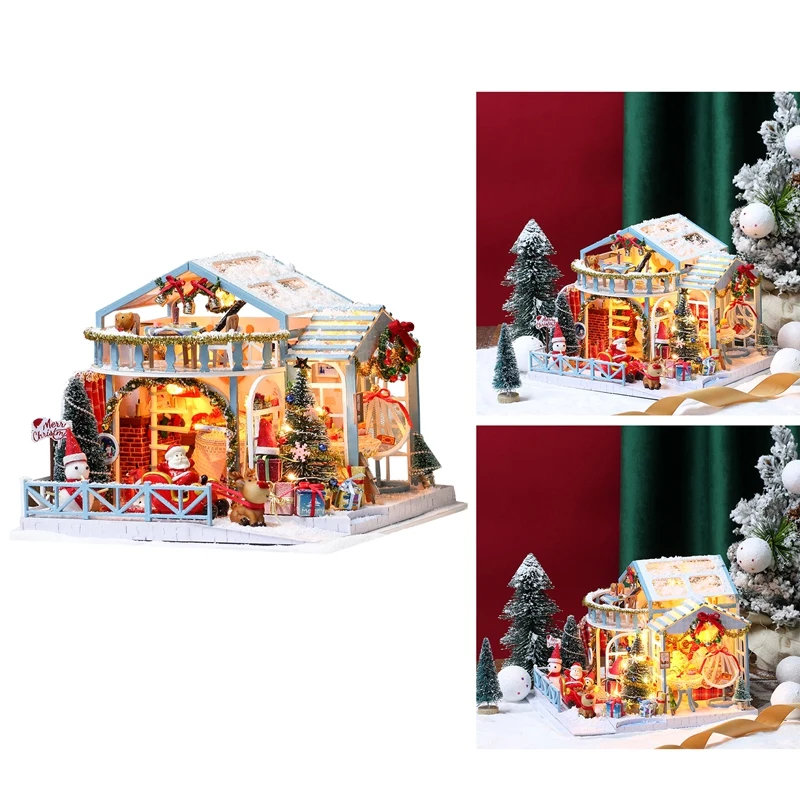 

Christmas DIY Doll House Snow Night House Model Santa Claus Elk DIY House Office Bedroom Desktop Craft Gift