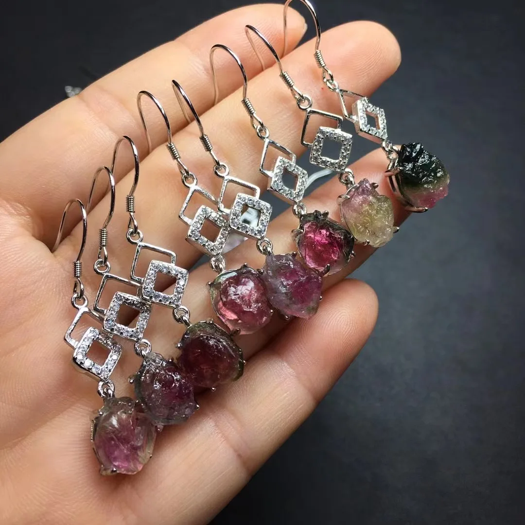 

1 Pair Fengbaowu Natural Watermelon Tourmaline Earring 925 Sterling Silver Energy Crystal Healing Stone Fashion Jewelry Gift