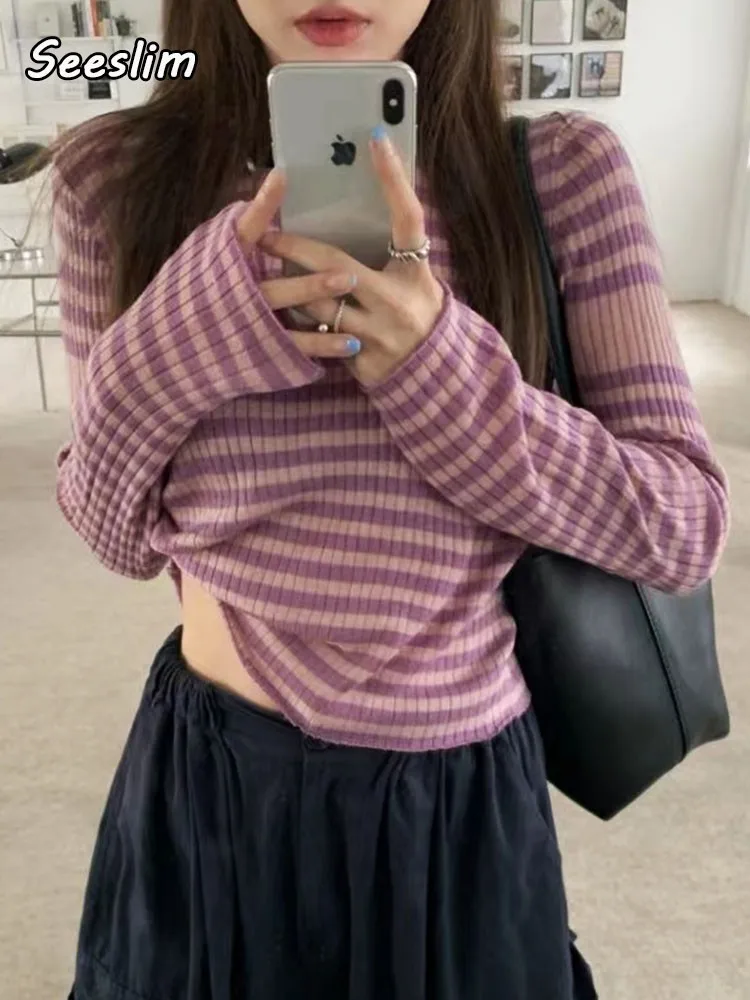 

Seeslim Knitted T Shirt Women Long Sleeve Korean Style Casual Striped Ladies Tops O Neck Tee Shirt Femme Harajuku Autumn Spring