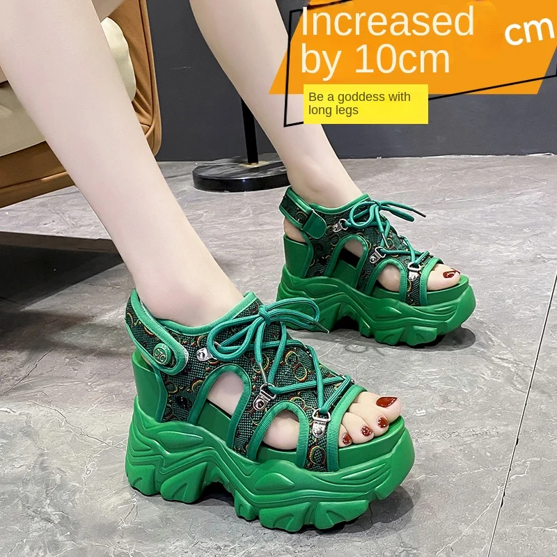 

Internet Hot Sandals 10cm Height Increasing Insole Women's Peep Toe Wedge Dad Platform Casual Sports Roman Sandals Fashion