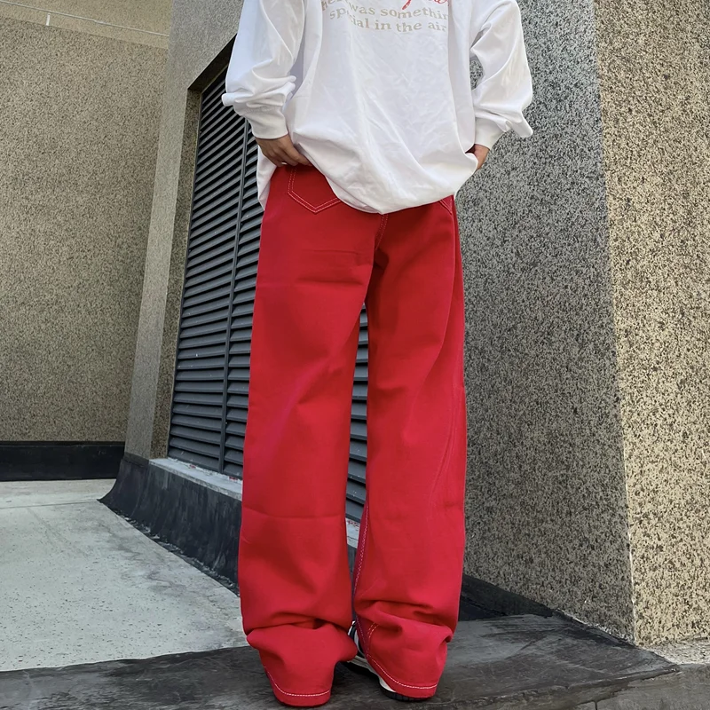 Streetwear Men 2022 Fashion New Pattern Vintage Recreational Red Jeans Loose Straight Cylinder Broad Leg Trousers Autumn Female