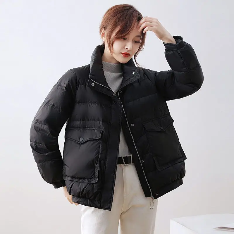 Winter Women 2023 New Korean Elegant Chic Stand Collar White Duck Down Jackets Fashion Casual Long Sleeve Coats Outwear C63