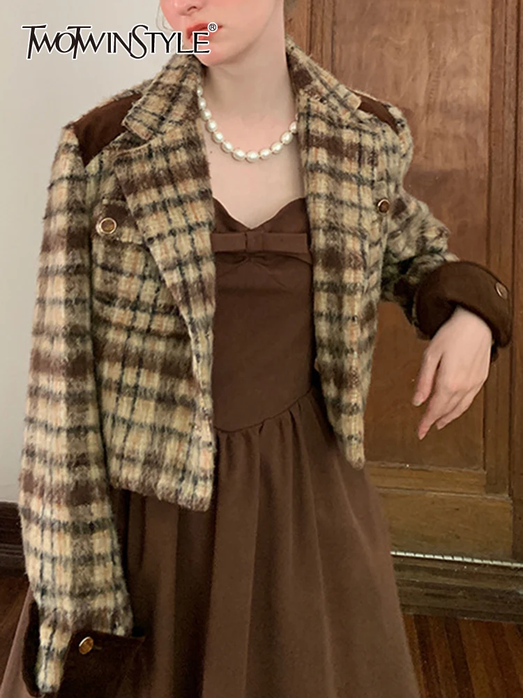 

Женское клетчатое пальто TWOTWINSTYLE, облегающее винтажное пальто составного кроя с отложным воротником, длинными рукавами и карманами