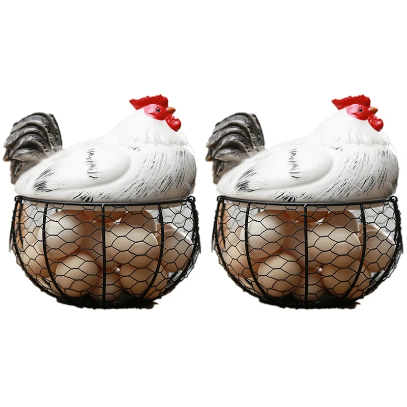 

2X Ceramic Egg Holder Chicken Wire Egg Basket Fruit Basket Collection Hen Ornaments Decoration 19CMX22CM(C)