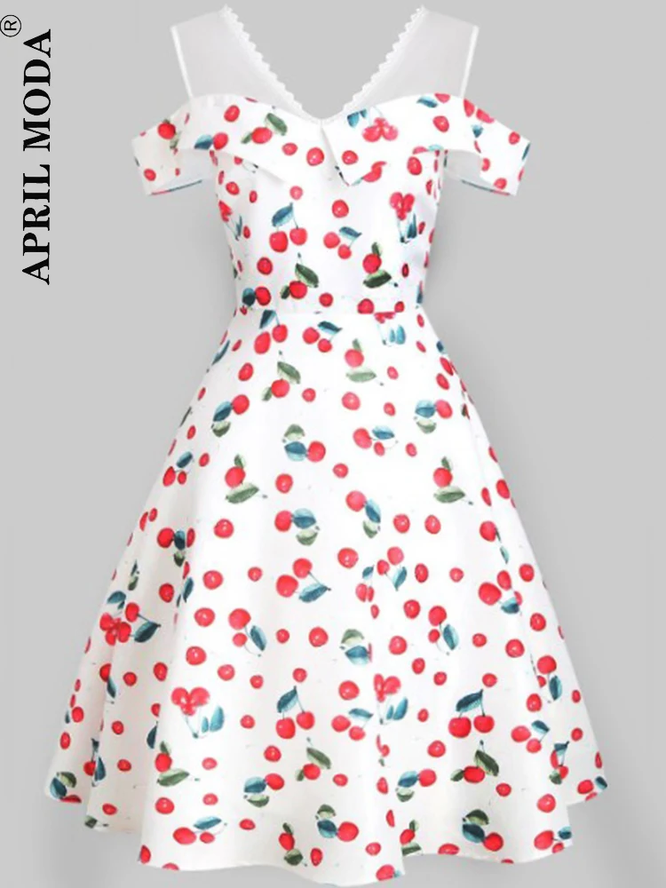 

Small Cherry Print Women Vintage Dress Strapless Shoulder Rockabilly 50s Party Dress Jurken Retro Swing Hepburn Dresses