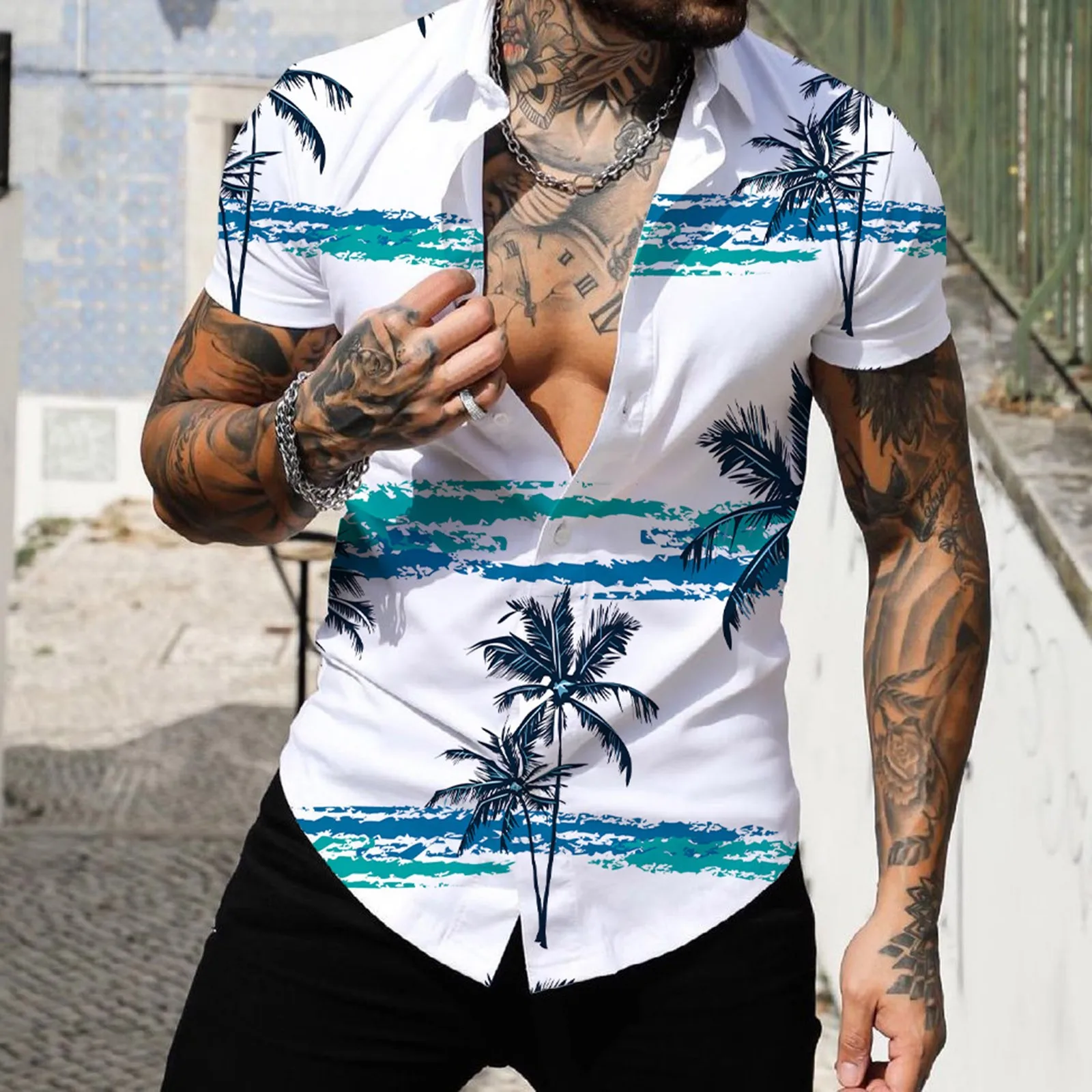 

Men Spring Summer Single Breasted Casual Lapel Full Print Beach Short Sleeve Vacation Outdoor Holiday Shirt 5 T