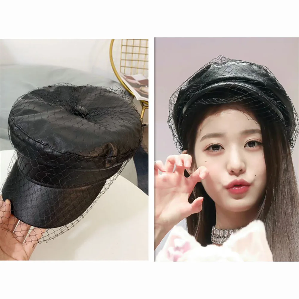 KPOP IVE After Like Member Wonyoung Same Style Beret Fashion Black Leather Mesh Hat Women Decorative Accessories Fans Gift E55