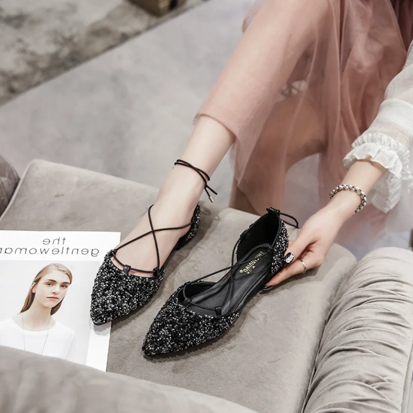 Koovan Women's Sandals Female 2022 Summer New Strap Fairy Shoes Retro Sequins Pointy Women's Shoe Leisure Sandals For Girls