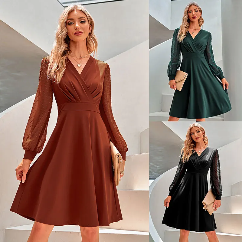 

2022 New Winter Fashion Women V-neck Long Sleeve Slim Skirt Jacquard Dress Available In Three Colors