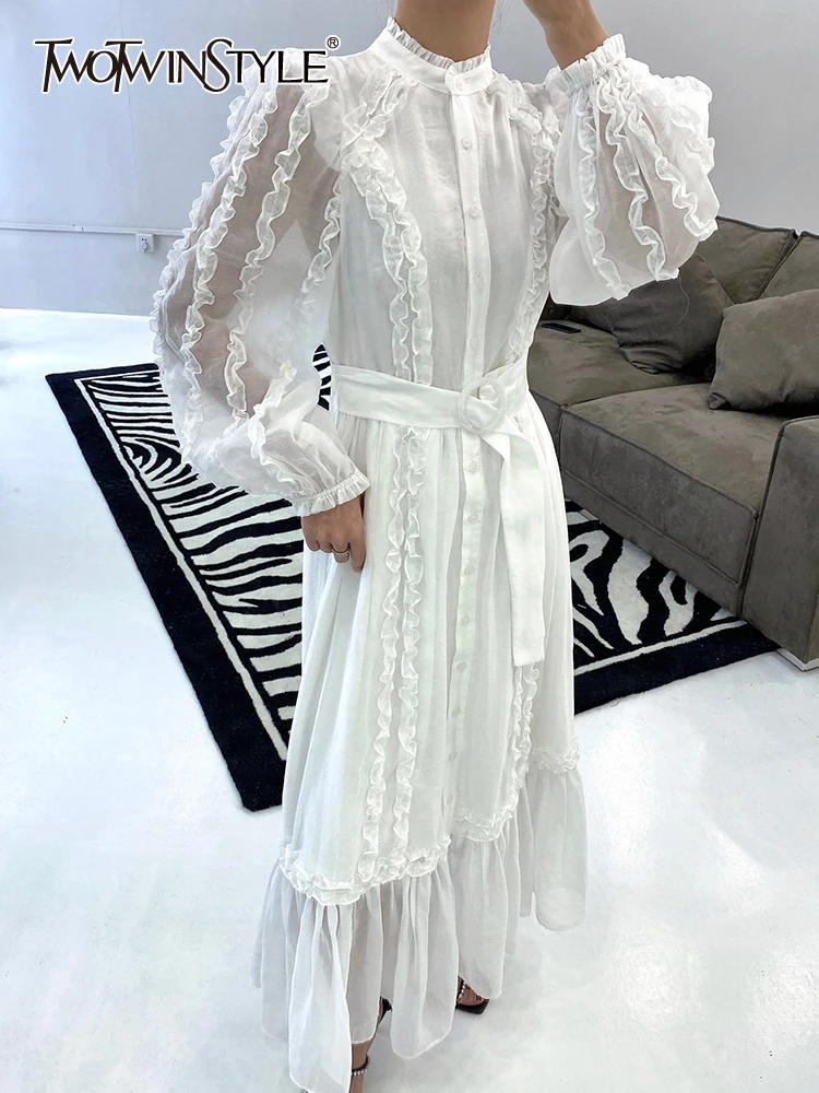 

TWOTWINSTYLE Elegant White Dress For Women Stand Collar Long Sleeve High Waist Solid Minimalist Midi Dresses Female Clothing New