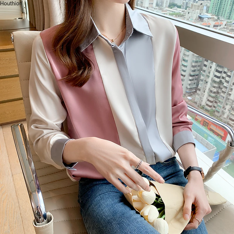 

New Summer Blouse Korean Fashion Stitching Casual Loose Chiffon Top Long Sleeve Polo Shirt for Women