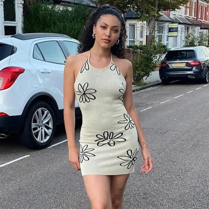 

Women Floral Printed Knitted Dress Y2K Summer Camisole Halter Beach Sexy Backless Midi Dresses Casual Skinny Vestidos Female