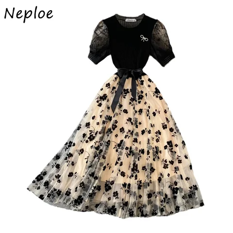 Neploe вязаное мини-платье с галстуком-бабочкой и круглым вырезом для женщин, сетчатое марлевое пышное платье, элегантное темпераментное платье, Vestido Feminino