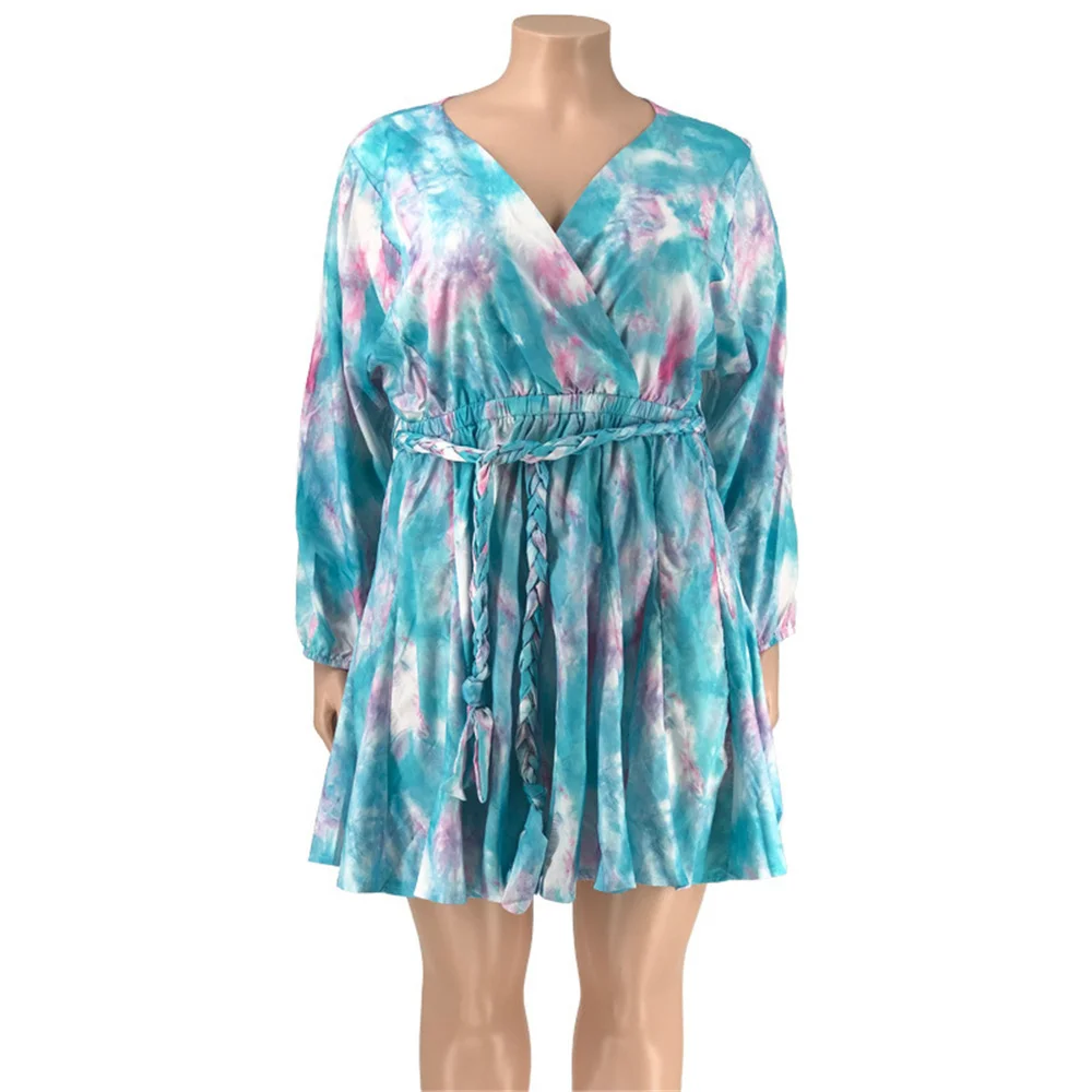 Plus Size Fashion Mini Dress Print v Neck Sexy Long Sleeve Woven Tie Dye Belt Swing Women Dresses Who 3xl 4 xl 5xl 6xl