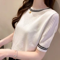 solid o neck knitted hollow out t shirt short sleeve fashion elegant all match tee loose casual straight tops women summer 2022