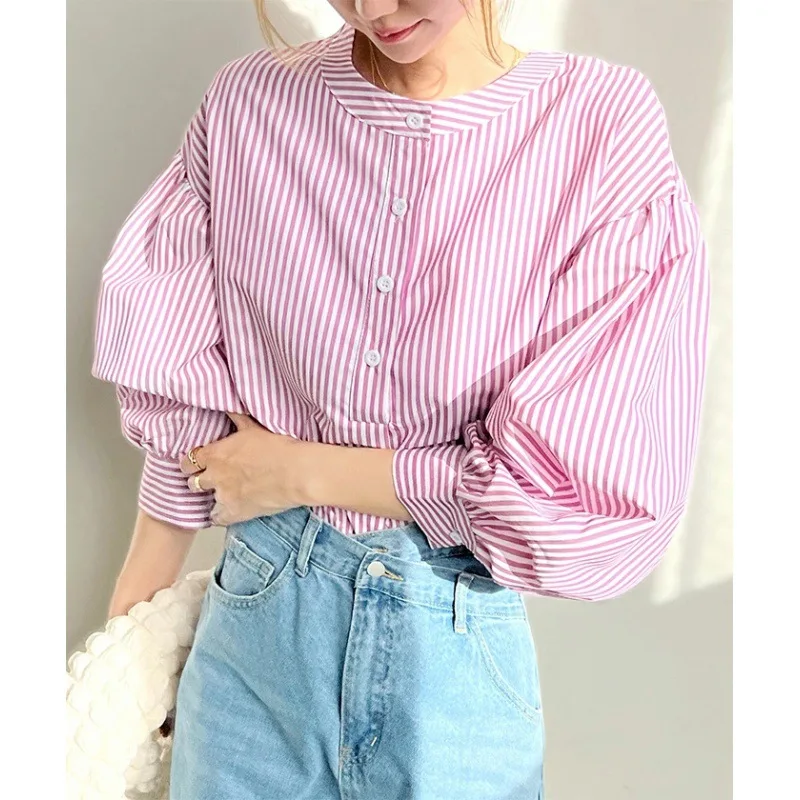 Японская летняя новая полосатая рубашка Nomikuma с пышными рукавами повседневный