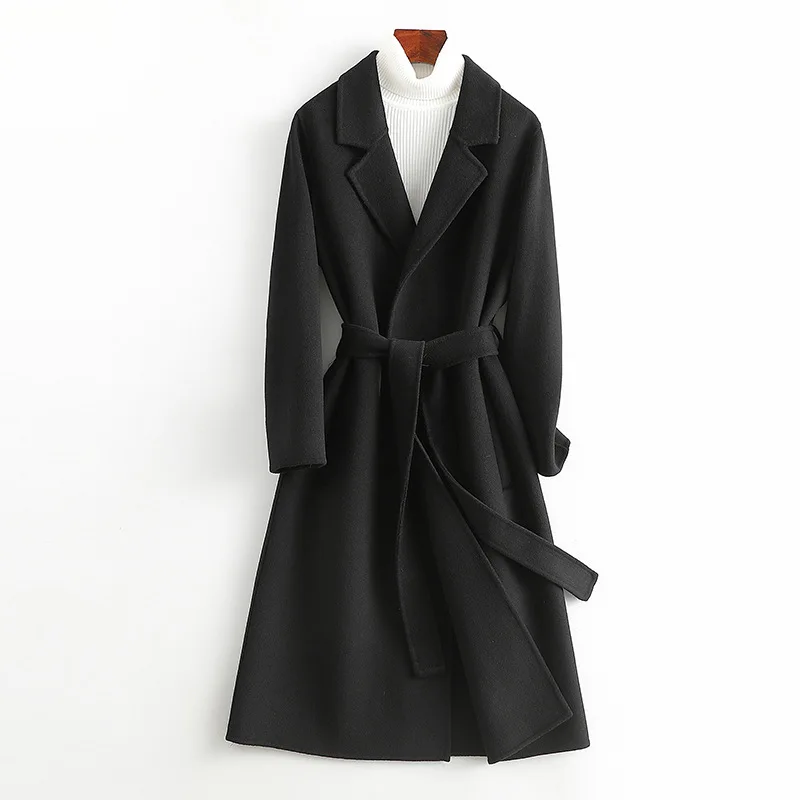 

Повседневное твидовое пальто 2023, модное двухстороннее кашемировое пальто, женское приталенное черное шерстяное пальто средней длины