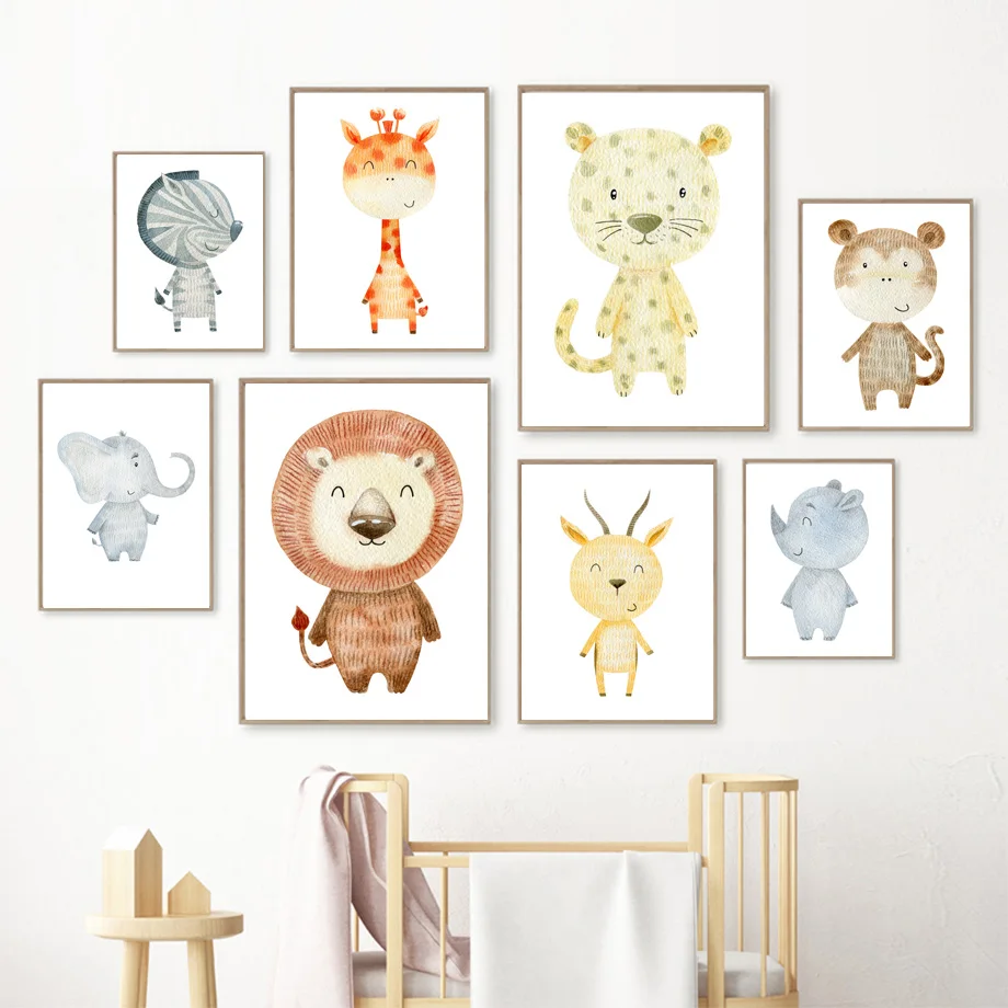 

Cute Lion Giraffe Leopard Elephant Zebra Monkey Wall Art Print Canvas Painting Nordic Poster Wall Pictures Baby Kids Room Decor