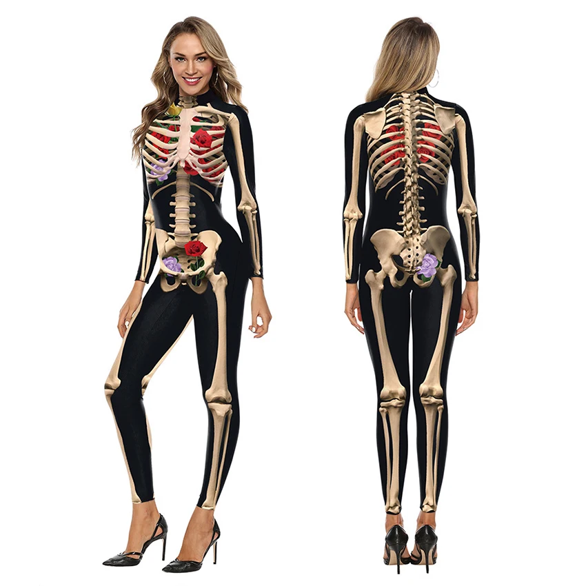 

Страшные костюмы с 3D-принтом черепа, костюм для Хэллоуина с рисунком розы, скелета, страшного ужаса, женские комбинезоны, сексуальные колгот...