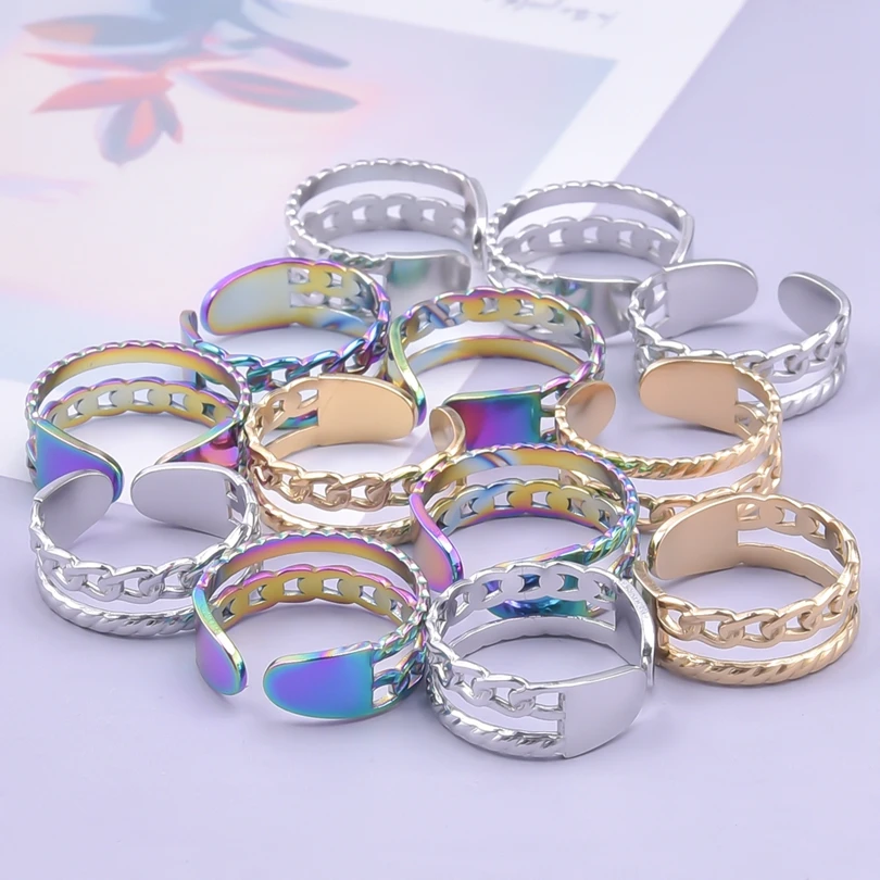 

10PCS Punk Style Retro Stainless Steel Double-layer Ring Female Gold-plated Hollow Chain Ring Adjustable Party Anniversary Gift