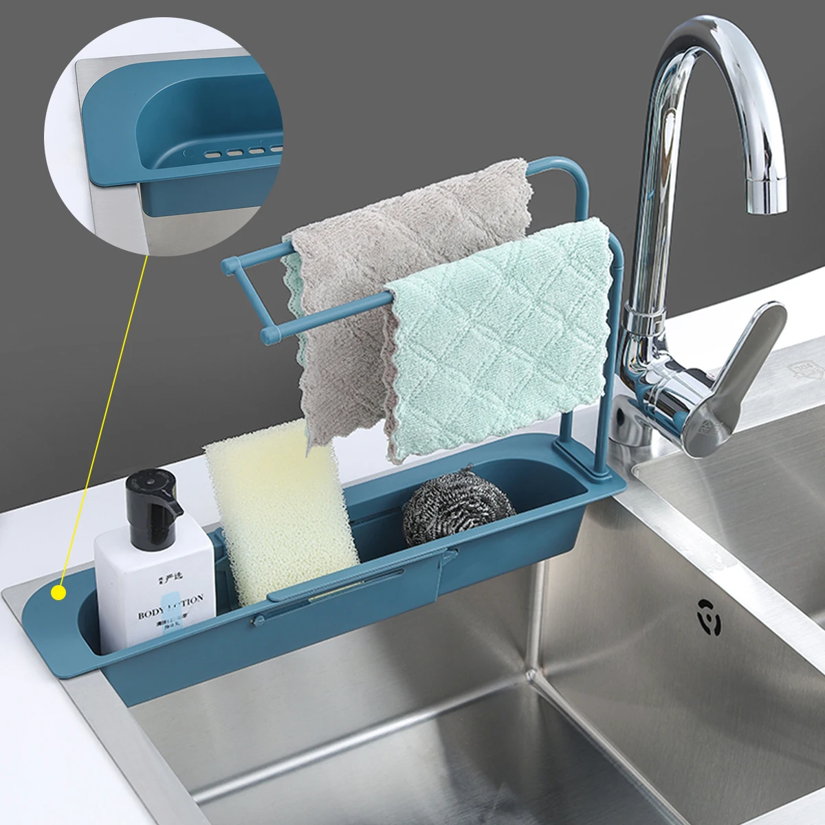 

Kitchen Organizer Sink Retractable Storage Basket Drain Rack Towel Soap Cleaner Sponge Storage Box Kitchen Accessories Gadgets