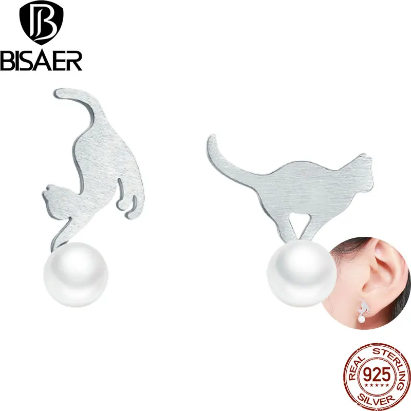 

BISAER Cat Stud Earrings 100% 925 Sterling Silver Playing Pearl Kitten Animal Cats Earring For Women Party Wedding Fine Jewelry