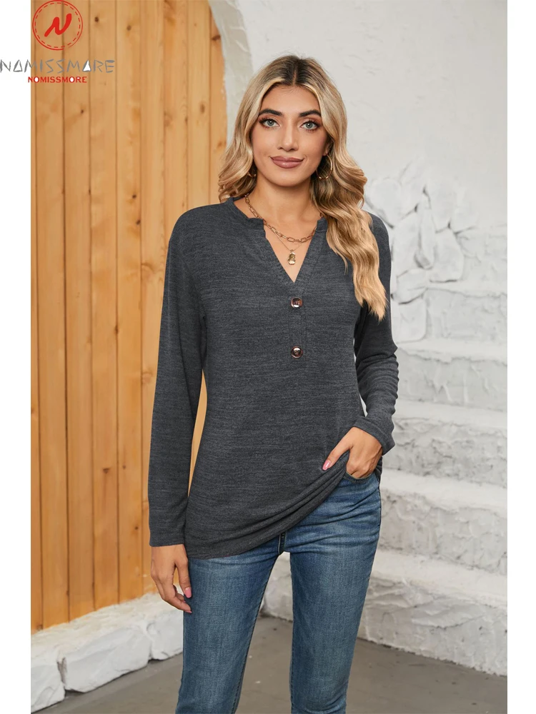 

Fashion Women Solid Color T-Shirts Patchwork Design Button Decor V-Neck Long Sleeve Autumn Casual Loose Pullovers Top